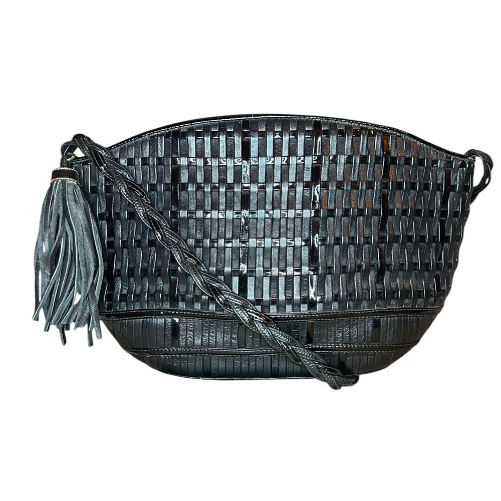 Vintage Sharif Black Leather Braided Strap Zip Top Structured Crossbody Bag